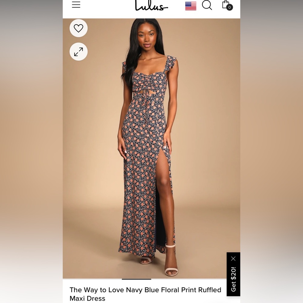 Lulu’s The Way to Love Navy Blue Floral Printed Ruffled Maxi Dress size M